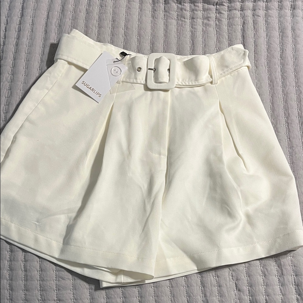 Sugarlips White High-Waist Belted Pleated Women’s Shorts